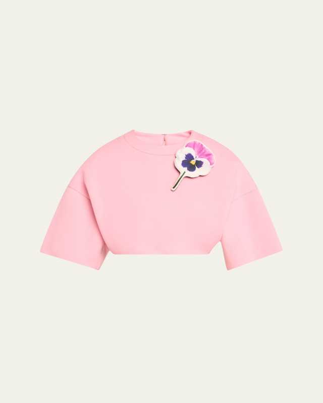Floral Brooch Three-Quarter Sleeve Cropped Wool Top